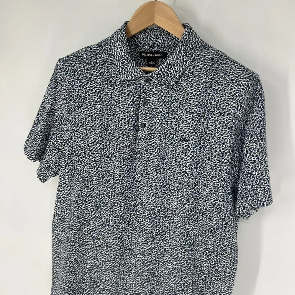 Michael Kors Polo Shirt Mens Size L Short Sleeve Blue Abstract Camo Print - Picture 5 of 13